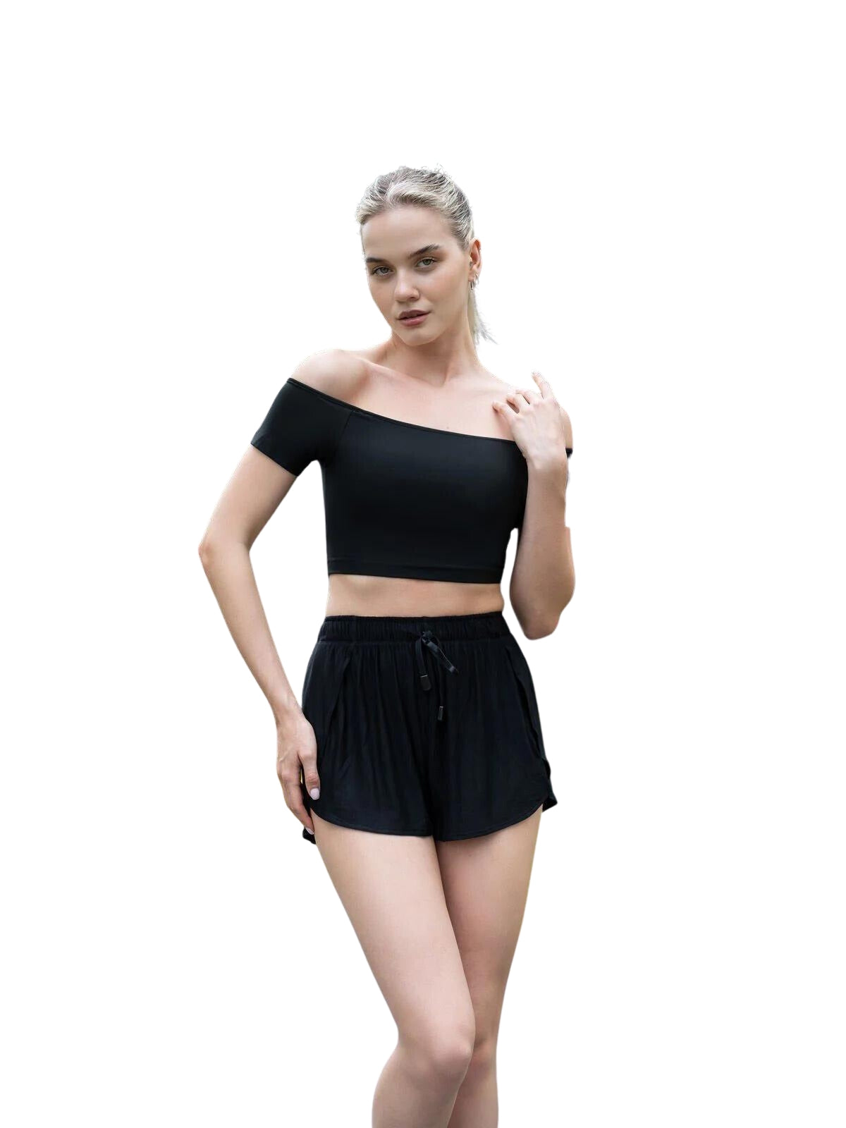 084 ComfortLux Off Shoulder Camise en negro