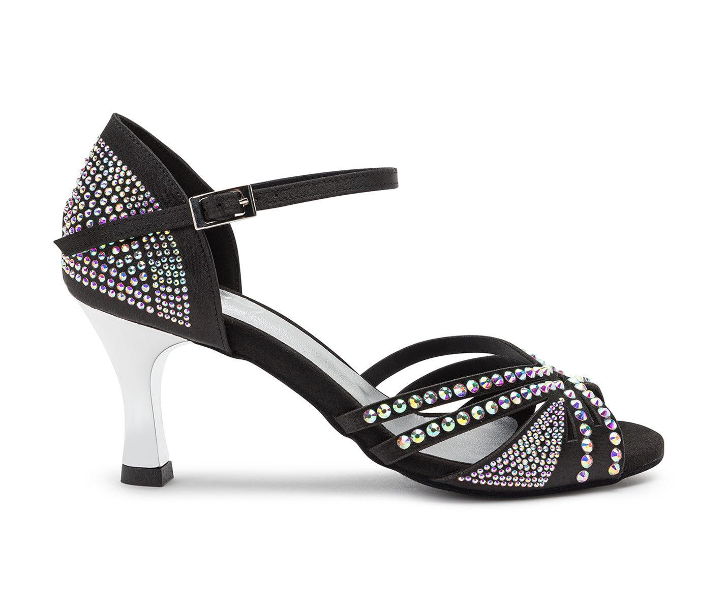 Dancing Queens DQ L3M Tanzschuhe in Schwarz: Satin-Heels mit Fesselriemchen, verziert mit buntem Strass.