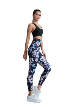 334 Leggings a vita alta in nero, blu e rosa a fiori